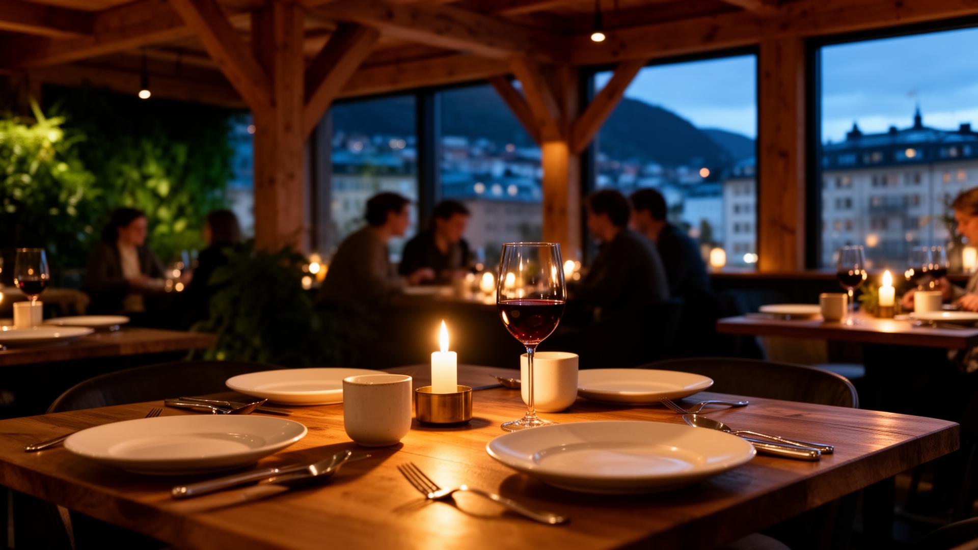 Stemningsfull norsk restaurant ved tussmørke